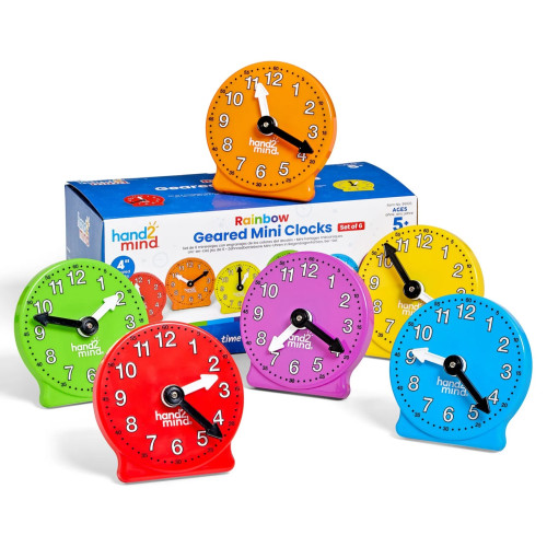 Hand2Mind Rainbow Geared Mini Clocks Set of 6